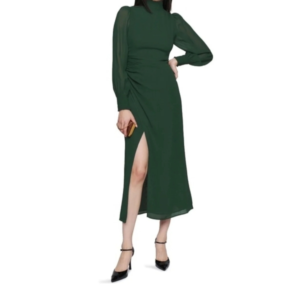 Reformation Green Sheath Dress with Bishop Sleeves and Slit